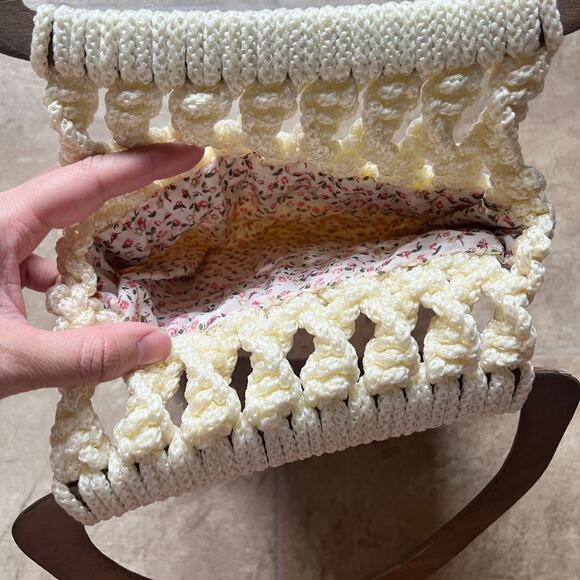 Vtg Macrame Wooden Handle Bag Crochet Cream Cottagecore Boho Grannycore Beachy - Picture 4 of 8